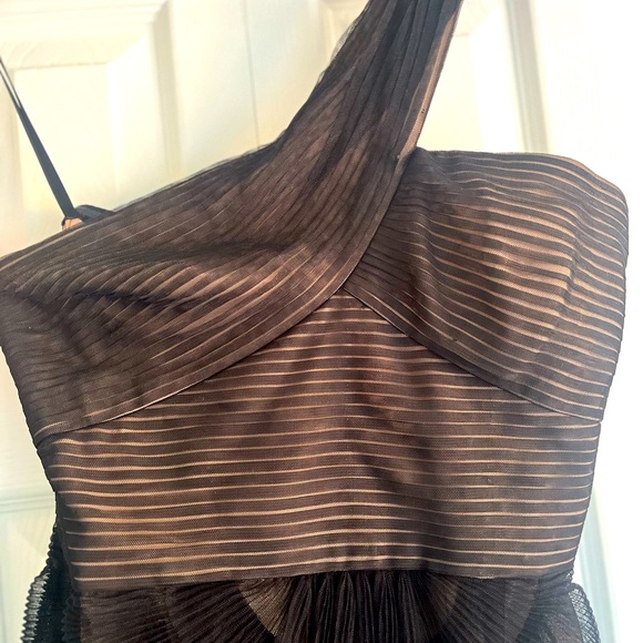 BCBGmaxazria One Shoulder Black Toile + Tan Lining Cocktail Dress - Picture 2 of 5